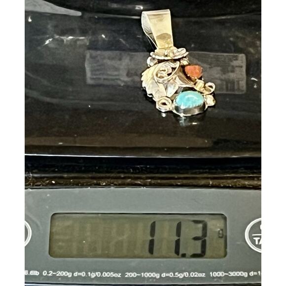 Large Vintage Native Navajo Turquoise Coral Sterling Silver Pendant 2.5” Signed - Picture 13 of 13